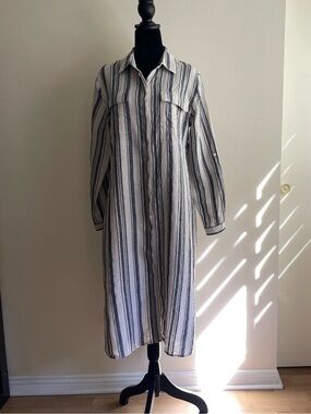 Core Life 100% Linen Striped Shirt Dress Roll Tab Sleeve Size M